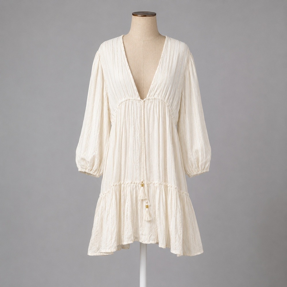 Boho Gold Metallic Long Sleeve Babydoll Peasant Dress Size L Cream Beach Resort